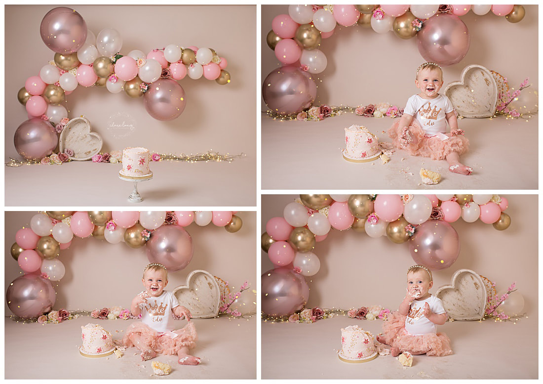 Pink balloon garland cake smash bexley baby girl photos